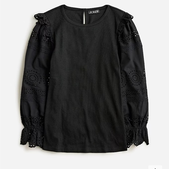 J. Crew Ruffle trim eyelet top in vintage rib shirt BT680 Black XS - Picture 1 of 5